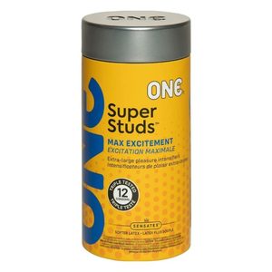 Презервативи ONE Super Studs, 12 шт, з точковим рельєфом, зі змазкою, подарункове паковання-тубус