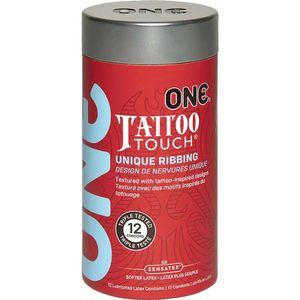 Презервативи ONE Tattoo Touch, 12 шт, рельєф у вигляді тату, 3 різновиди, подарункове паковання-тубус