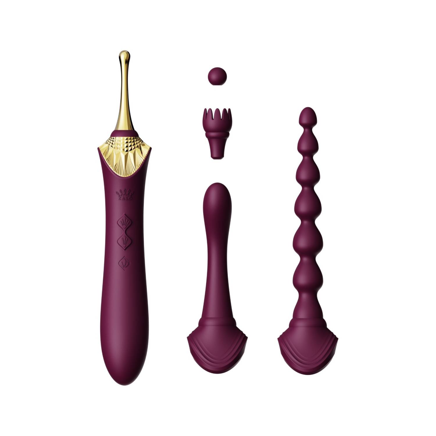 Вібратор двосторонній універсальний ZALO BESS 2 Velvet Purple з 4 насадками та нагріванням, фіолетовий