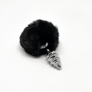 Металева анальна пробка Кролячий хвостик Alive Fluffy Twist Plug L Black, діаметр 3,8 см