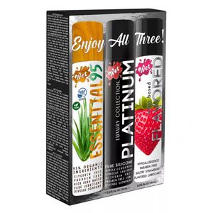 Набір лубрикантів Wet Sampler Lubricant (Platinum, Essential95, Flavored Strawberry) 3 шт. по 30 мл
