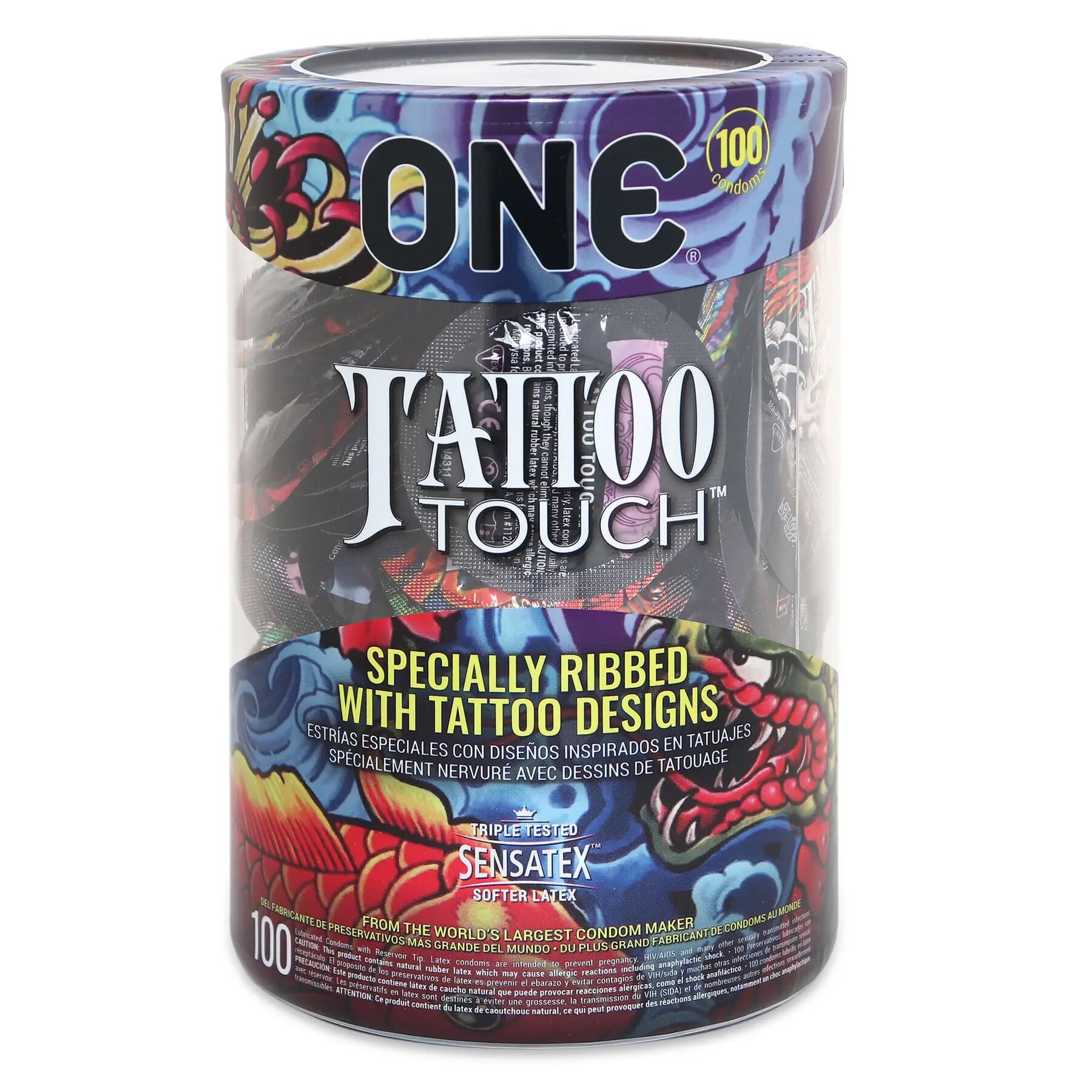 Набір презервативів ONE Tattoo Touch, 100 шт, з рельєфом у вигляді тату, 3 різновиди, паковання-тубус