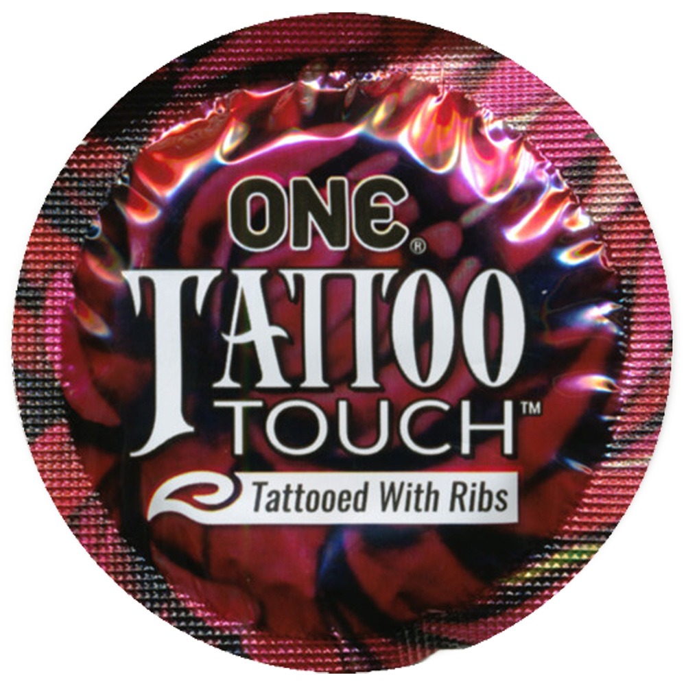 Набір презервативів ONE Tattoo Touch, 100 шт, з рельєфом у вигляді тату, 3 різновиди, паковання-тубус