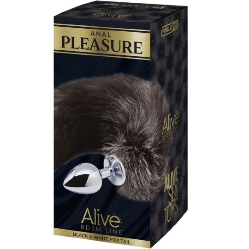 Металева анальна пробка Лисячий хвіст Alive Black And White Fox Tail M, діаметр 3,4 см