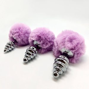 Металева анальна пробка Кролячий хвостик Alive Fluffy Twist Plug L Purple, діаметр 3,8 см