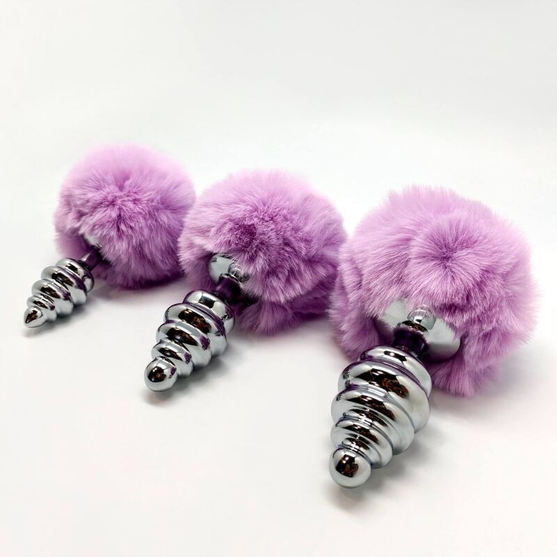 Металева анальна пробка Кролячий хвостик Alive Fluffy Twist Plug L Purple, діаметр 3,8 см