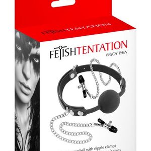 Кляп з силіконовою кулькою і затискачами для сосків Fetish Tentation Gag Ball with Nipple Clamps