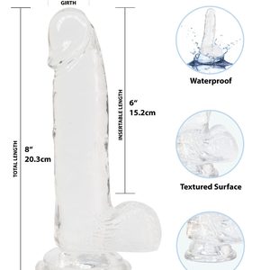 Прозорий фалоімітатор на присосці ADDICTION — Clear Dildo with Balls 8″, віброкуля в подарунок