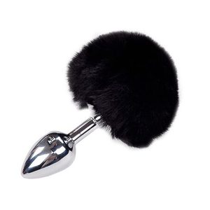 Металева анальна пробка Кролячий хвостик Alive Fluffy Plug S Black, діаметр 2,8 см