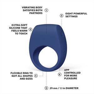 Ерекційне кільце з вібрацією LELO Tor 3 Base Blue, керування зі смартфона