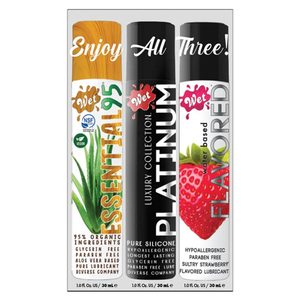 Набір лубрикантів Wet Sampler Lubricant (Platinum, Essential95, Flavored Strawberry) 3 шт. по 30 мл
