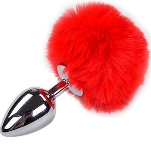 Металева анальна пробка Кролячий хвостик Alive Fluffy Plug M Red, діаметр 3,4 см