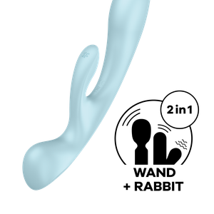 Двосторонній вібратор-кролик Satisfyer Triple Oh Light Blue, 3 мотори, руків’я-масажер