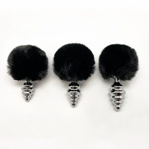 Металева анальна пробка Кролячий хвостик Alive Fluffy Twist Plug M Black, діаметр 3,4 см